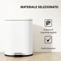 HOMCOM Pattumiera Rettangolare a Pedale 12L in Metallo con Secchio Interno Rimovibile, Chiusura Ammortizzata, Bianco(m-6)