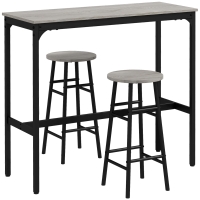 HOMCOM Bartisch-Set + 2 Hocker, Stahlgestell, Tischplatte in grau Holzoptik, 2 Personen, schwarz
