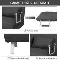 HOMCOM Canapea Pat 2 Locuri din Imitatie de Piele și Oțel cu Spătar Reglabil în 5 Poziții, 105x80x78 cm, Gri(m-5)