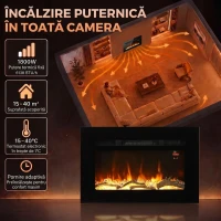 HOMCOM Șemineu Electric de 60 cm, Încastrat sau de Perete, 1800 W, Temporizator 24 de Ore, Flacără Reglabilă, Cristale(m-5)