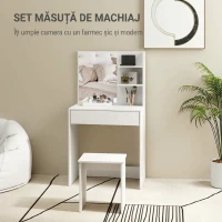 HOMCOM Masă de Machiaj cu 3 Rafturi și Sertare, Oglindă și Taburet, din PAL, 75x40x137 cm, Alb(m-4)