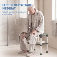 HOMCOM Scaun de Duș din Aluminiu cu Raft Integrat, Înălțime Reglabilă pe 5 Niveluri, Suport 150kg, Gri(m-5)
