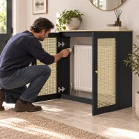 HOMCOM Cache-radiateurs avec 2 portes en rotin Cache-radiateur Couverture pour radiateur pour Salon Chambre 78x19x75 cm Noir(m-5)
