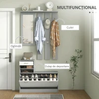 HOMCOM Suport mobil pentru haine 3 în 1 cu raft pentru încălțăminte și oglindă, cârlige și sertare, din lemn, 90x10x102 cm, alb și gri(m-4)