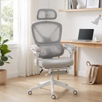 HOMCOM Cadeira de Escritório de Malha Reclinável com Apoio de Cabeça, Suporte Lombar, Apoio para os Pés e Altura Regulável, Cinzento Claro(m-6)