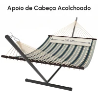 Outsunny Cama Rede com Suporte Portátil Almofada Removível Barras Estabilizadoras Exterior 353x94x115 cm Verde(m-11)