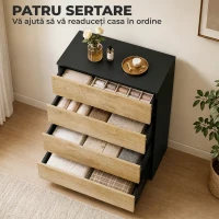 HOMCOM Comodă cu 4 Sertare din Lemn cu Șine Metalice și Mânere Frezate, 60x40x80 cm, Negru și Stejar(m-5)
