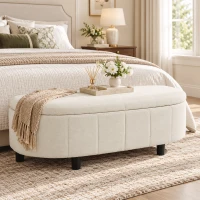 HOMCOM Panca Contenitore Semicircolare in Ciniglia 118x45x44cm, Seduta Imbottita 2 Posti, Coperchio Sollevabile, Crema(m-2)