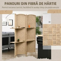 HOMCOM Paravan de interior cu 4 panouri pliabil și rafturi 160x170 cm, culoare naturală(m-6)