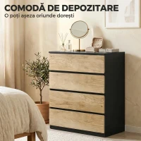 HOMCOM Comodă cu 4 Sertare din Lemn cu Șine Metalice și Mânere Frezate, 60x40x80 cm, Negru și Stejar(m-4)