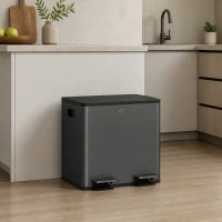 HOMCOM Papelera Cocina de Acero Inoxidable con 2 Compartimentos 2x15L Pedal Tapas de Cierre Suave y Cubo Extraíble Negro(m-8)