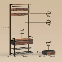 HOMCOM Cuier de Podea 5 în 1, 181,5 cm, cu Bancă și Suport pentru Încălțăminte, 10 Cârlige, Metal, Maro Rustic(m-3)