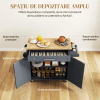 HOMCOM Carucior de bucătărie din lemn cu sertar, suport pentru condimente și dulap, 109x40x89 cm, gri și culoare lemn(m-4)