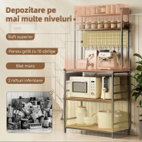 HOMCOM Raft de Bucătărie cu Stație de Alimentare și Rafturi Reglabile, Raft pentru Cuptor cu Microunde 5 Nivele cu Panou de Grilaj și 10 Cârlige, Dulap Vintage Structură din Oțel, 80x40x170 cm, Maro Rustic(m-5)