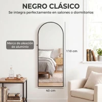 HOMCOM Espejo de Pared 40x110 cm Diseño Arqueado con Ganchos Ajustables para Puerta o Pared Negro(m-7)