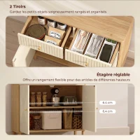 HOMCOM Buffet, meuble de rangement cannelé avec plateau effet chêne, 2 tiroirs, 2 portes, étagère réglable, 77x30x80cm, crème(m-6)