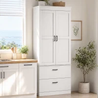 HOMCOM Bufet Înalt de Bucătărie 178 cm, Dulap Tip Cămară cu 2 Sertare și Rafturi Reglabile, pentru Dining și Living, 75x39x178 cm, Crem(m-8)