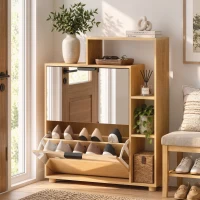 HOMCOM Schuhschrank 10 Paar, Schuhschrank, Spiegeltür, 2 Klappfächer und offene Fächer, Eiche(m-5)