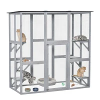 PawHut Wooden Catio Cat Outdoor Enclosure, Cat Cage with Waterproof Roof, Platforms, for Multiple Kittens, 180 x 98 x 180 cm(m-11)