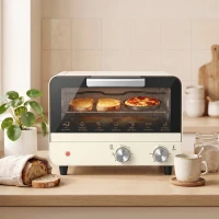 HOMCOM Mini Oven, Small Toaster Oven with Glass Door, Adjustable Temperature and Timer, Accessory Included, 750W, Cream White(m-9)
