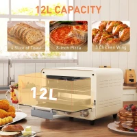 HOMCOM Mini Oven, Small Toaster Oven with Glass Door, Adjustable Temperature and Timer, Accessory Included, 750W, Cream White(m-4)