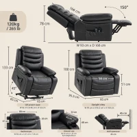 HOMCOM Fauteuil Relax Inclinable Électrique Releve-personne avec Massage Vibratoire et Chaleur Port USB Télécommande Noir(m-3)
