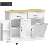 HOMCOM Tilt Out Trash Cabinet with Charging Station, Kitchen Island with Storage, 57 Liter Hidden Rubbish Bin Storage, White(m-1)