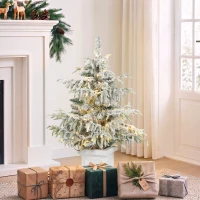 HOMCOM 3ft Prelit Flocked Christmas Tree, Artificial Snow Flocked Spruce with 100 Warm White LED Lights, 8 Modes, Green(m-14)