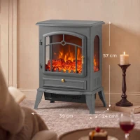 HOMCOM Electric Fireplace Stove, 1000/2000W 3-Sided Freestanding Fireplace Heater with 3D Flame Log, Thermostat, Grey(m-3)