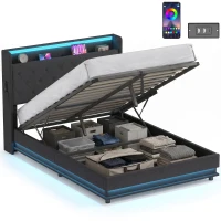 HOMCOM 4ft6 Double Bed Frame with Headboard, Platform Bed Frame with Hydraulic Storage, LED Lights and Charging Station, Black(m-15)