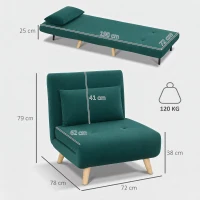 HOMCOM 3-in-1 slaapfauteuil, uitklapbare fauteuil met bedfunctie, verstelbare click-clack-rugleuning, poten van rubberhout, donkergroen(m-3)