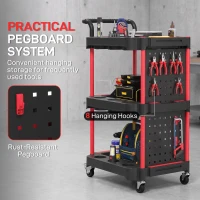 HOMCOM 3-Tier Rolling Tool Cart with Pegboard and Hooks, Storage Trolley Wheel Cart with Brakes, Black & Red(m-7)
