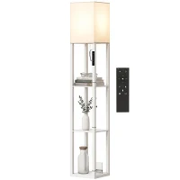 HOMCOM Vloerlamp met planken, moderne dimbare staande lamp met stoffen kap, instelbare kleurtemperatuur, wit(m-14)