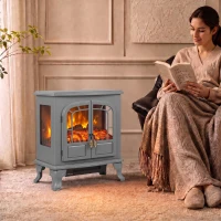 HOMCOM Freestanding Electric Fireplace Stove Heater with LED Fire Flame Effect Grey(m-2)