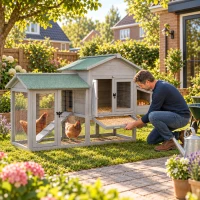 PawHut Kippenhok van hout Kippenhuis met buitenren nestkast helling uitschuifbare lade voor 2-4 kippen 168x75x103cm grijs(m-8)
