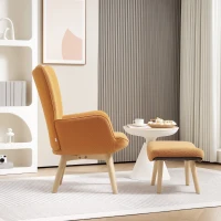 HOMCOM Akzentsessel mit Hocker, Relaxsessel in Cord-Optik, Armlehnstuhl mit Holzbeinen, für Wohnzimmer, Braun(m-7)