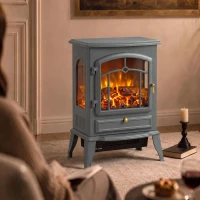 HOMCOM Electric Fireplace Stove, 1000/2000W 3-Sided Freestanding Fireplace Heater with 3D Flame Log, Thermostat, Grey(m-10)
