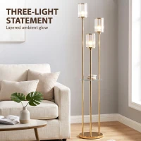 HOMCOM Floor Lamp with Shelves, 3-Light Crystal Standing Lamp with Glass Shades and Foot Switch, Bulbs Not Included, Gold Tone(m-4)