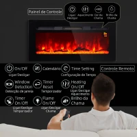 HOMCOM Lareira Elétrica de Parede, Aquecedor 1800W, Chama LED 3D, Cristais, 3 Cores, 5 Níveis de Brilho, Comando, Temporizador, Ecrã Tátil, Preto(m-5)