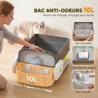 PawHut Litière Chat Autonettoyante Design Ouvert avec Râteau Contrôle TUYA Sécurité Anti-Pincement Bac 10L 72x54x31cm Gris(m-7)