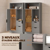 HOMCOM Meuble de salle de bain, meuble de rangement étroit avec 2 tiroirs, compartiments ouverts, 50x25x100cm, gris(m-5)