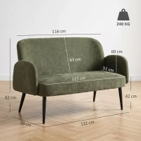 HOMCOM 132cm 2 Seater Sofa, Velvet Comfy Small Sofa Couch with Wide Seat, Thick Padding, Tapered Metal Legs, Green(m-3)