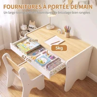 AIYAPLAY Bureau et Chaise pour Enfant 2 Pièces, Ensemble Table d'Activité avec Tiroir, 3 à 8 Ans, Blanc et Bois Naturel(m-6)