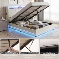 HOMCOM 4ft6 Double Bed Frame with Headboard, Platform Bed Frame with Hydraulic Storage, LED Lights and Charging Station, Cream(m-8)