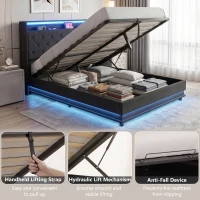 HOMCOM 4ft6 Double Bed Frame with Headboard, Platform Bed Frame with Hydraulic Storage, LED Lights and Charging Station, Black(m-8)