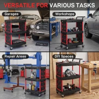 HOMCOM 3-Tier Rolling Tool Cart with Pegboard and Hooks, Storage Trolley Wheel Cart with Brakes, Black & Red(m-8)