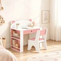 AIYAPLAY Set masă și scaun pentru copii, 3-8 ani, cu bibliotecă laterală, sertar și design vulpiță, alb(m-8)