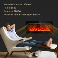 HOMCOM Lareira Elétrica de Parede, Aquecedor 1800W, Chama LED 3D, Cristais, 3 Cores, 5 Níveis de Brilho, Comando, Temporizador, Ecrã Tátil, Preto(m-6)