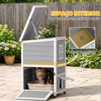 PawHut Casota Exterior para Gatos em Madeira de 2 Níveis com Telhado Basculante, Plataformas de Salto e Portas, 51x51x81,3 cm, Cinzento(m-7)
