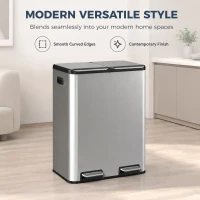 HOMCOM 2 x 30L Double Kitchen Bin, Stainless Steel Pedal Rubbish Bin with Dual Compartments, Soft Close Lids, Silver Tone(m-9)